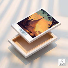 Yangon Myanmar Poster | Golden Temple & Monk Landscape Canvas Print featuring a sunset over a temple.
