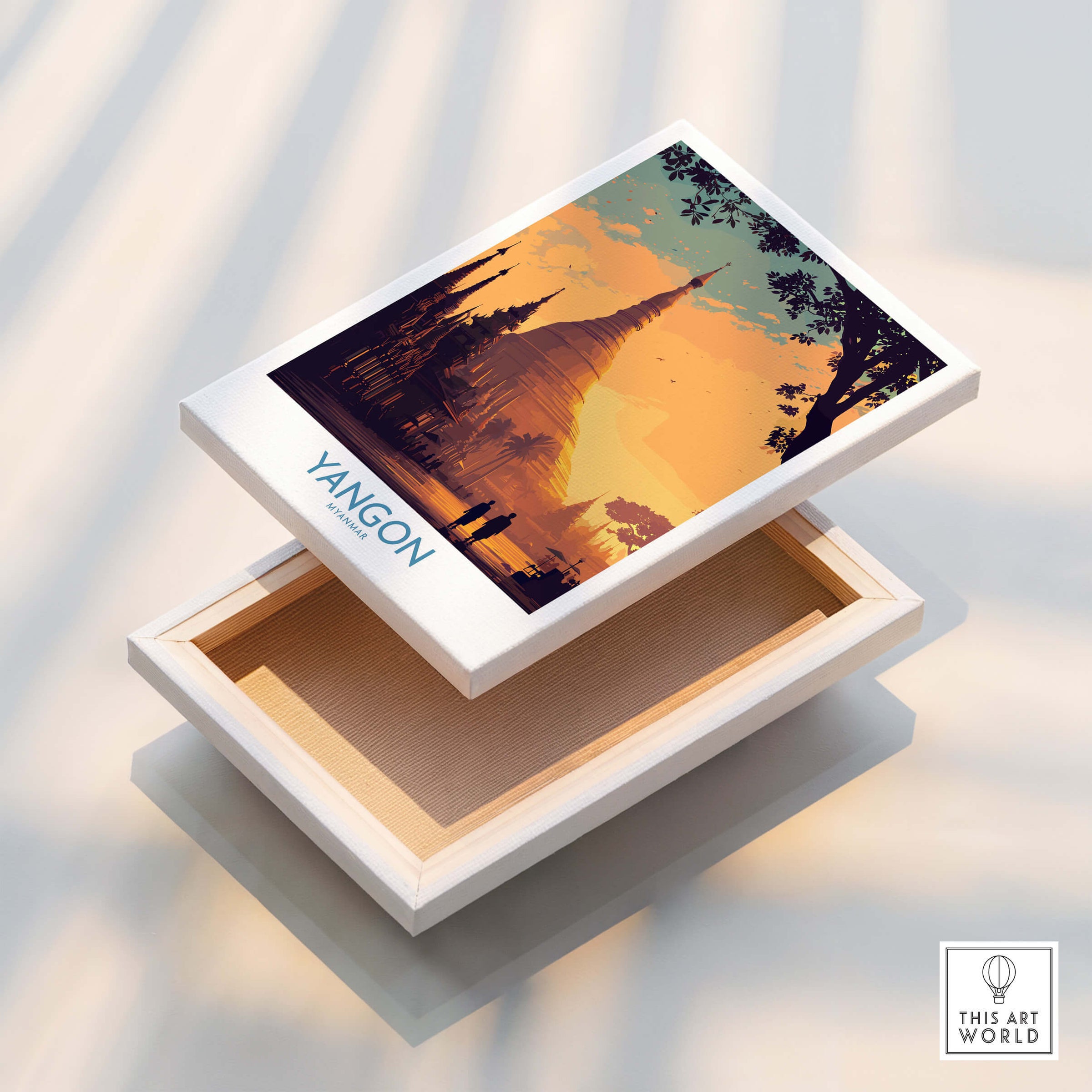 Yangon Myanmar Poster | Golden Temple & Monk Landscape Canvas Print featuring a sunset over a temple.