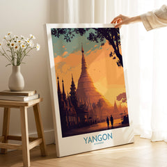 Yangon Myanmar Poster | Golden Temple & Monk Landscape Canvas Print in warm sunset hues.