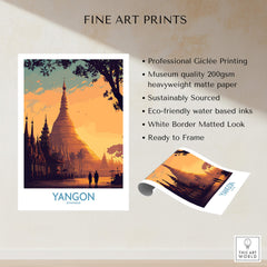 Yangon Myanmar Poster | Golden Temple & Monk Landscape Canvas Print showcasing golden temples and monks at sunset.