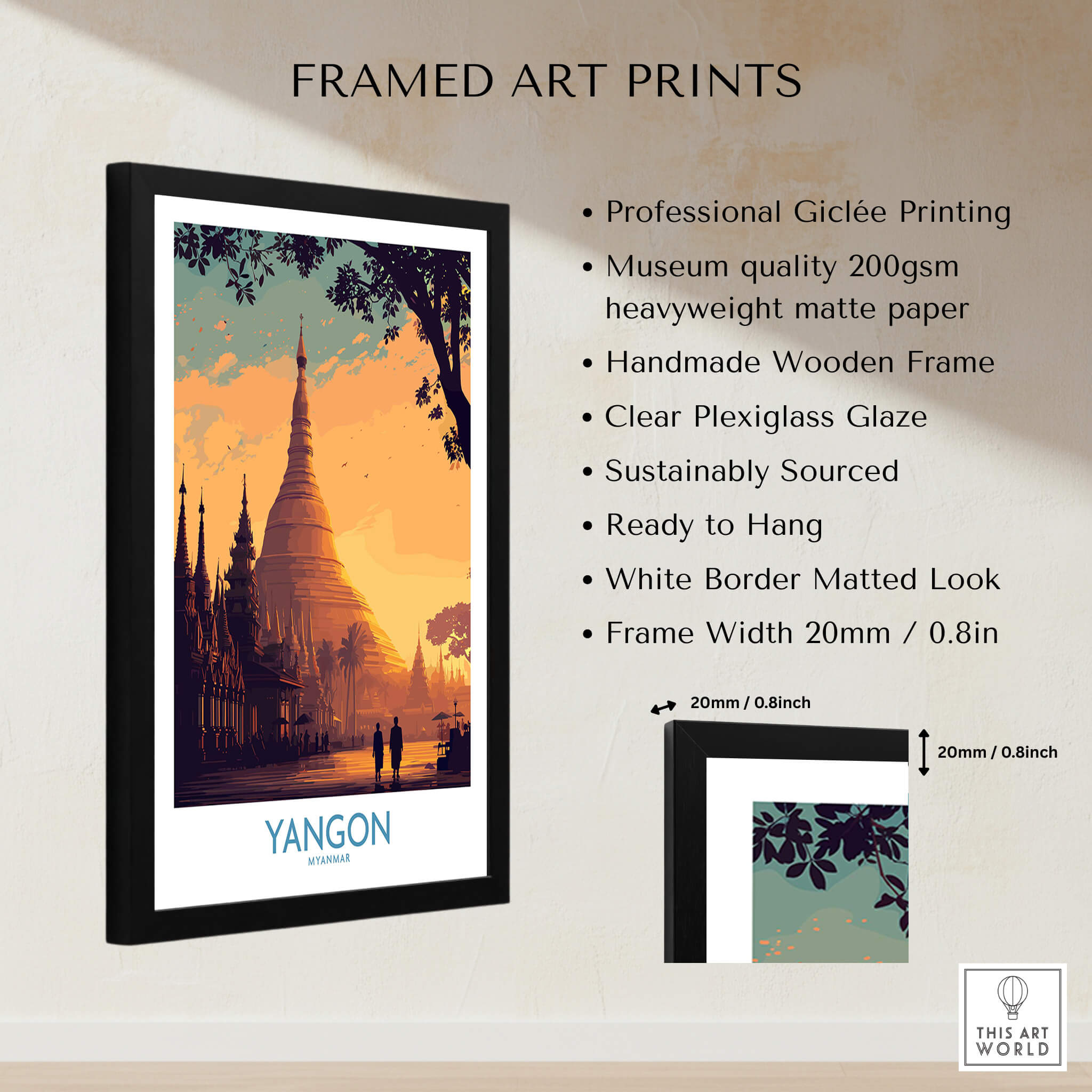 Yangon Myanmar Poster | Golden Temple & Monk Landscape Canvas Print showcasing framed art with Giclée printing.
