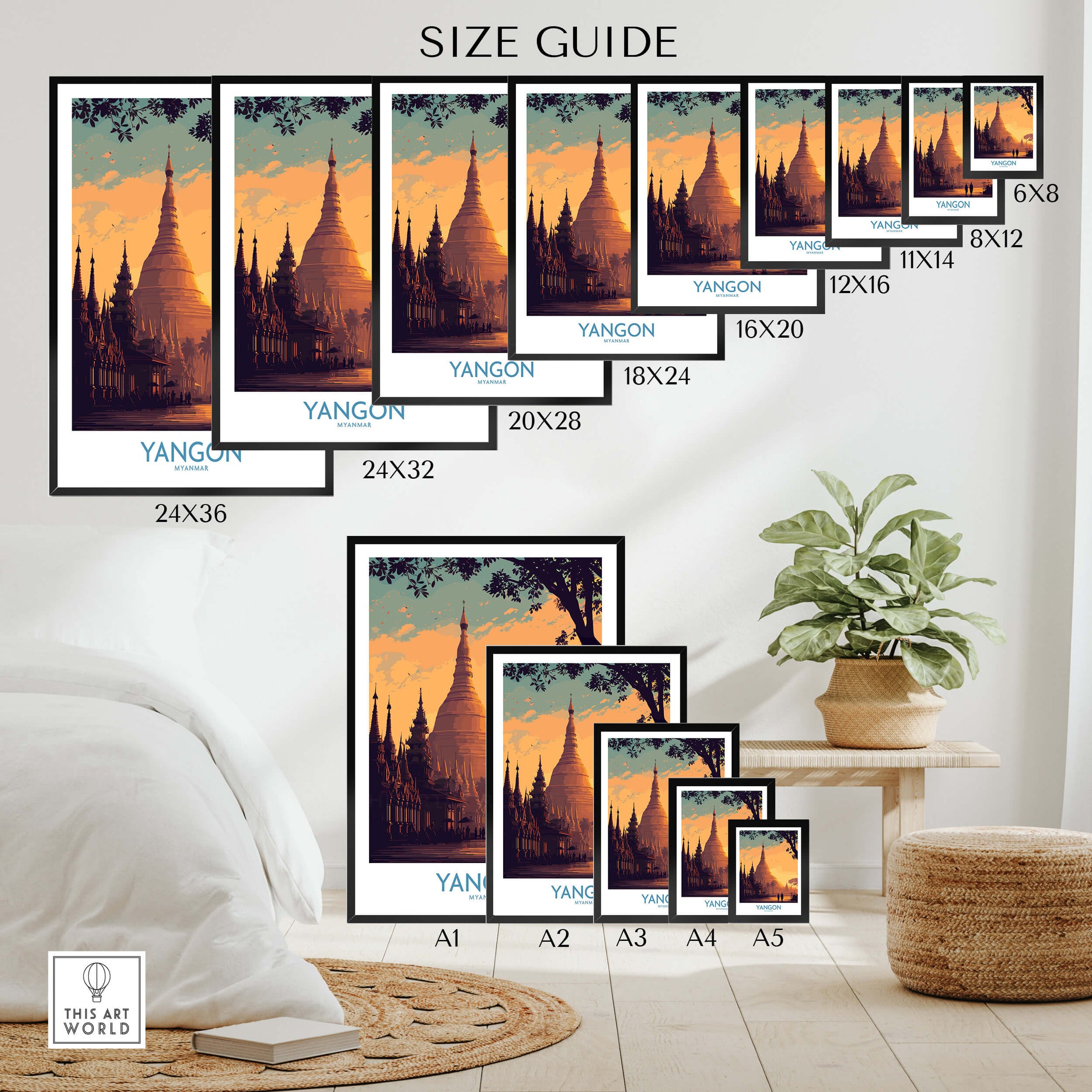 Yangon Myanmar Poster | Golden Temple & Monk Landscape Canvas Print size guide illustration with various frame dimensions.