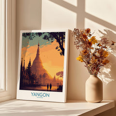 Yangon Myanmar Poster | Golden Temple & Monk Landscape Canvas Print showcasing temples and monks at sunset.