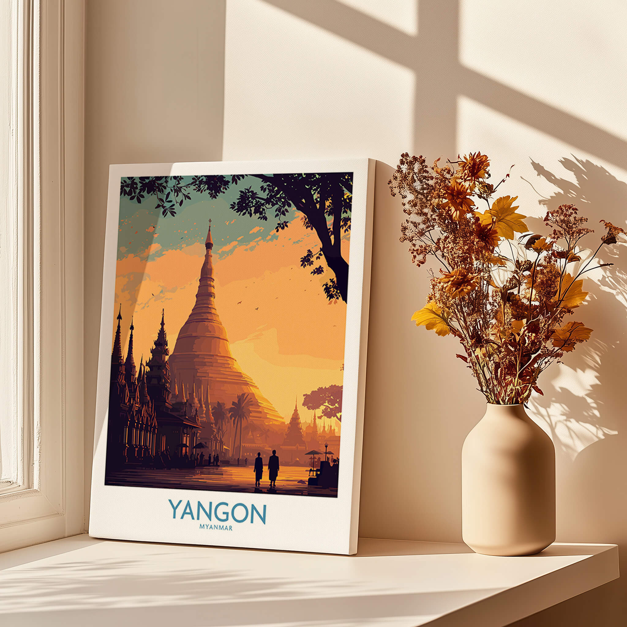 Yangon Myanmar Poster | Golden Temple & Monk Landscape Canvas Print showcasing temples and monks at sunset.