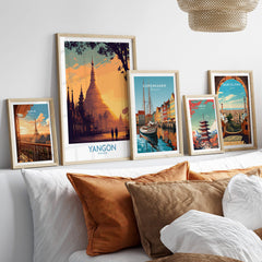 Yangon Myanmar Poster | Golden Temple & Monk Landscape Canvas Print displayed among other city art prints.