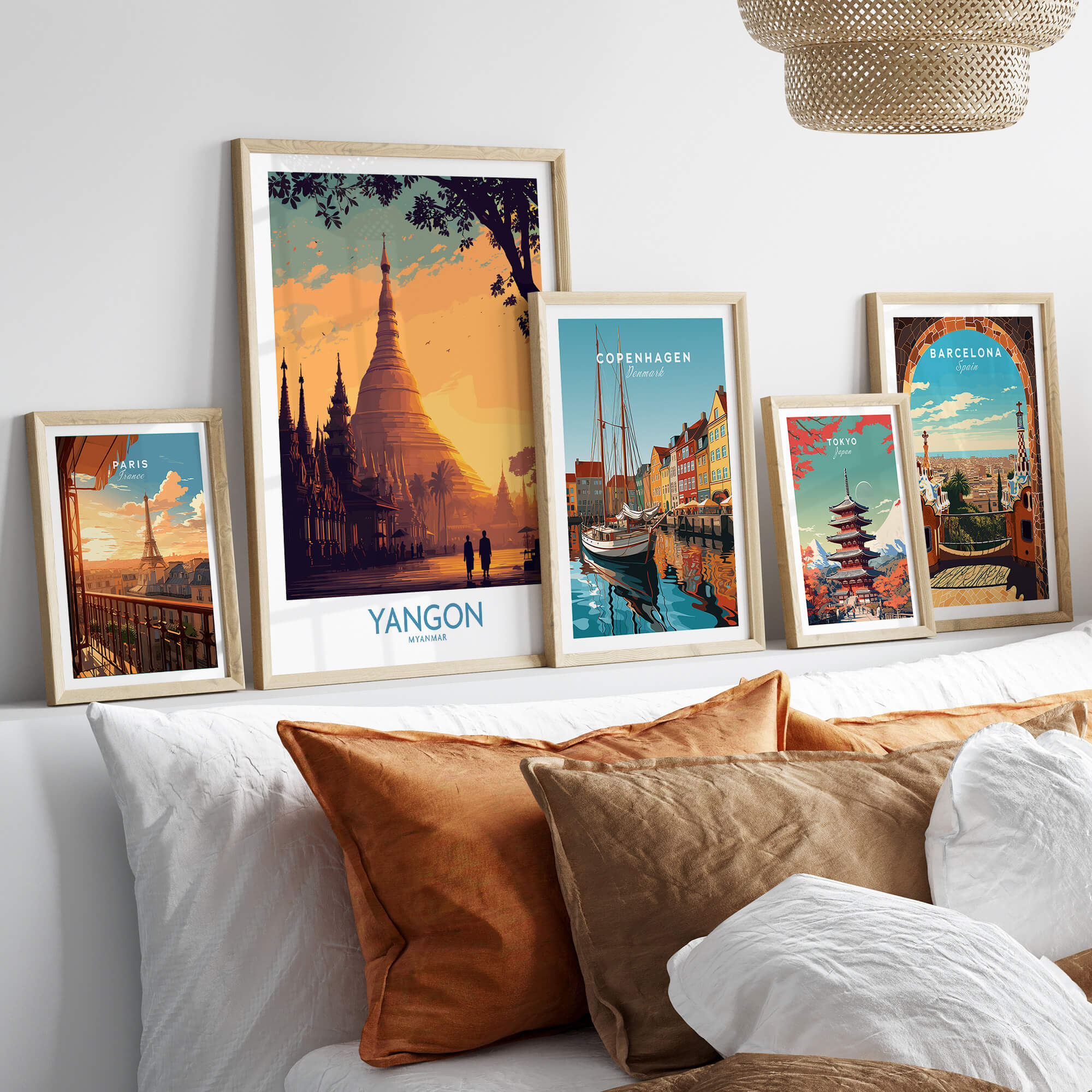 Yangon Myanmar Poster | Golden Temple & Monk Landscape Canvas Print displayed among other city art prints.