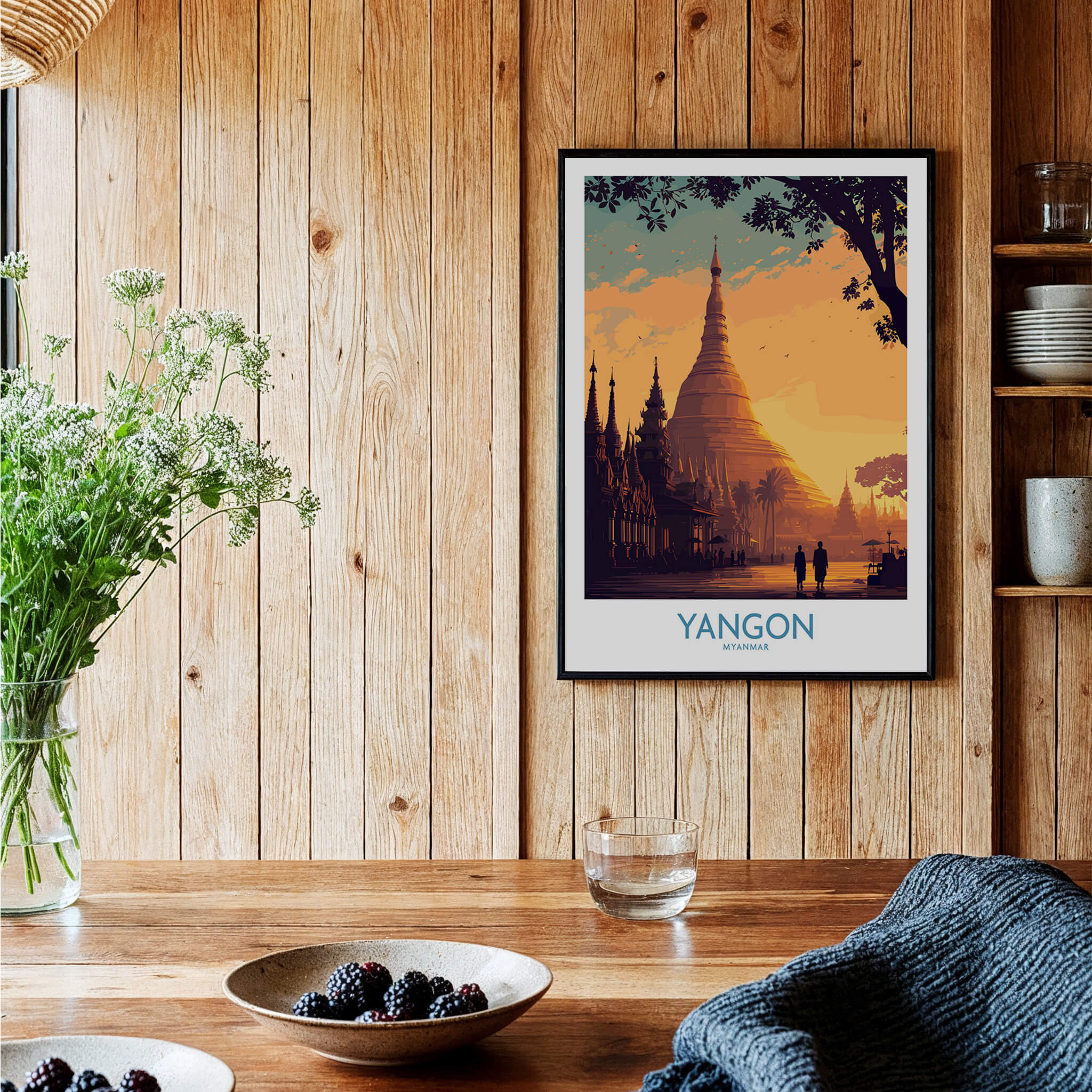 Yangon Myanmar Poster | Golden Temple & Monk Landscape Canvas Print displayed in a cozy setting with wooden decor.
