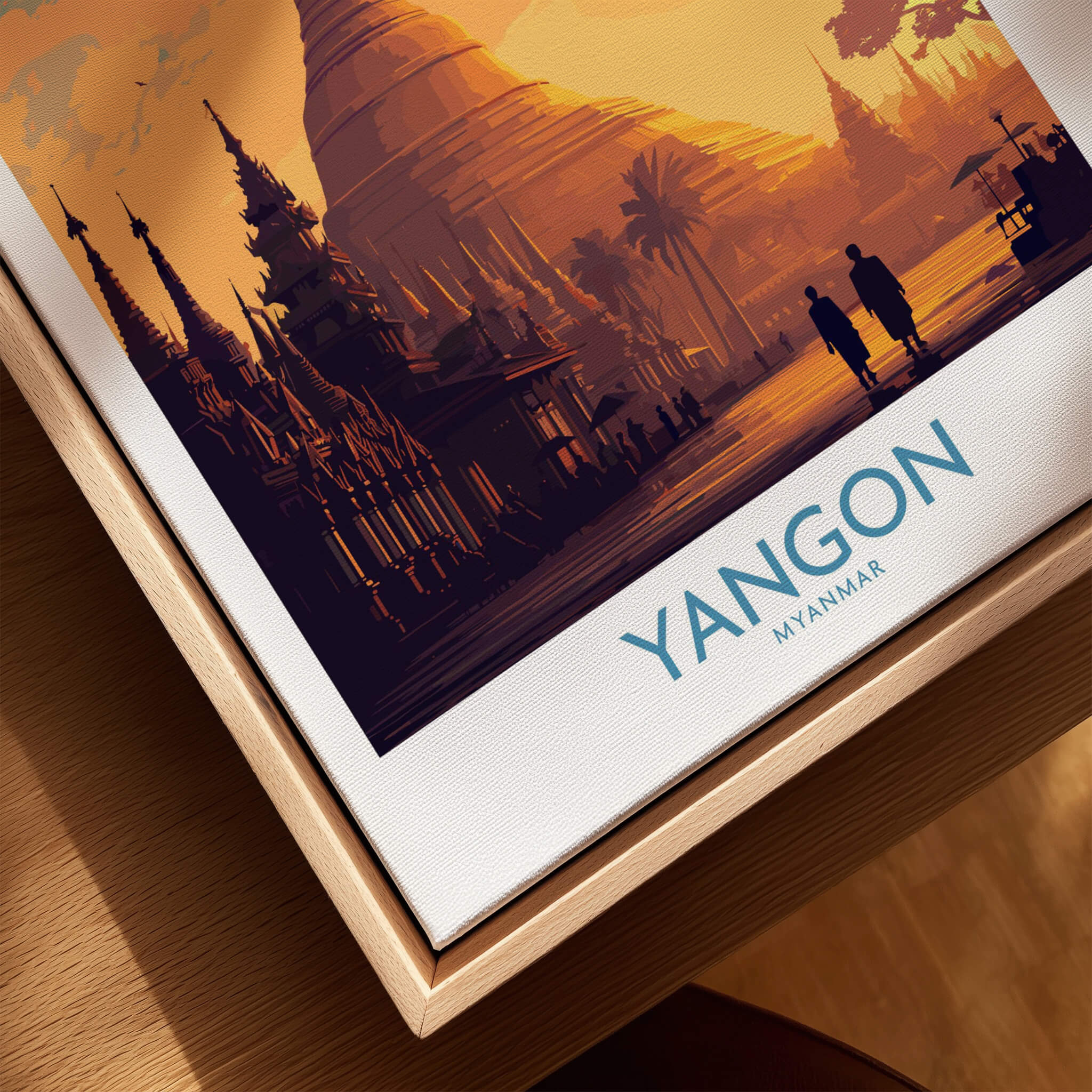 Yangon Myanmar Poster | Golden Temple & Monk Landscape Canvas Print featuring sunset silhouettes.