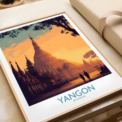 Yangon Myanmar Poster | Golden Temple & Monk Landscape Canvas Print featuring a sunset over golden temples.
