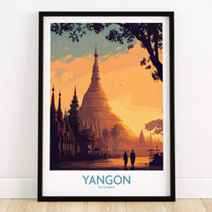Yangon Myanmar Poster | Golden Temple & Monk Landscape Canvas Print showcasing sunset over pagodas.