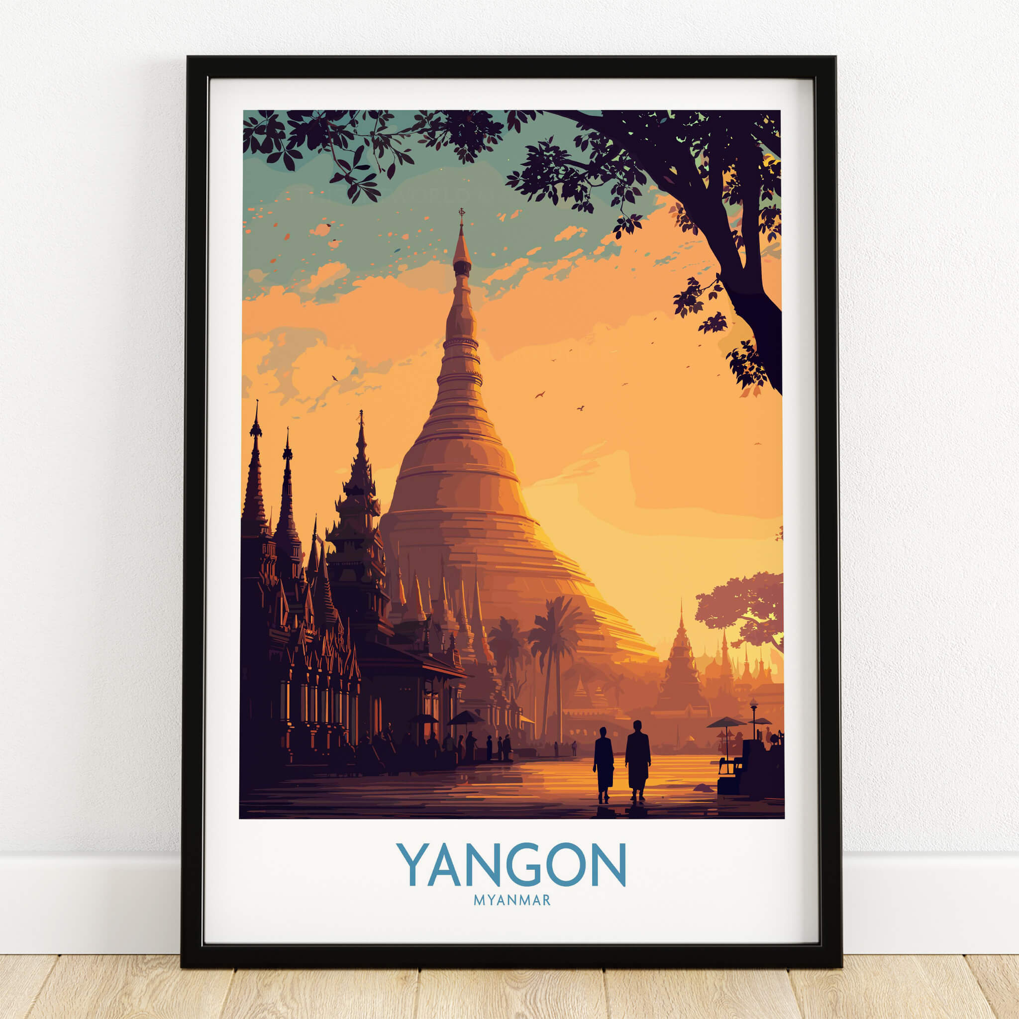 Yangon Myanmar Poster | Golden Temple & Monk Landscape Canvas Print showcasing sunset over pagodas.