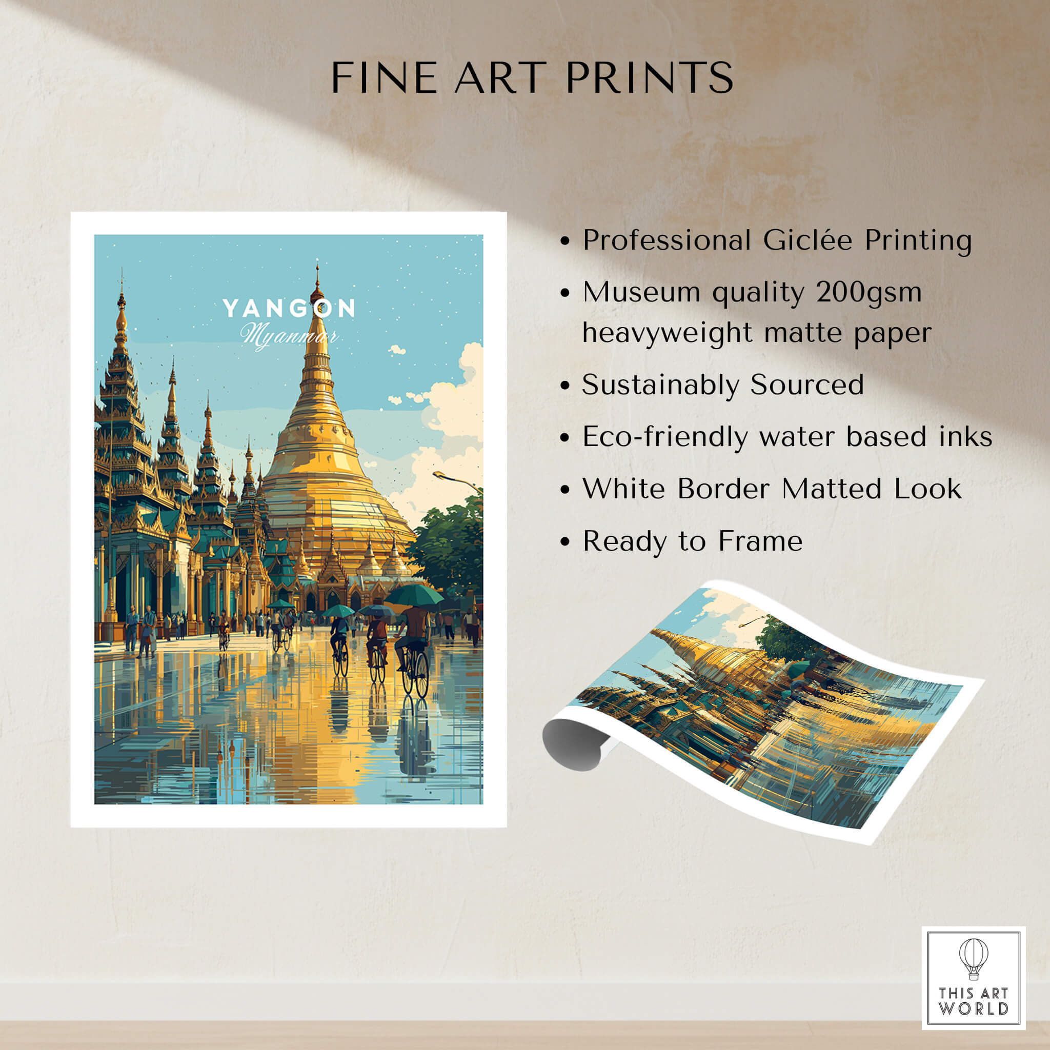 Yangon Myanmar Travel Poster | Shwedagon Pagoda Reflection Wall Art Print showcasing professional Giclée printing and eco-friendly materials.