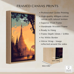 Yangon Myanmar Wall Art Print | Shwedagon Pagoda Sunset Travel Poster featuring a framed canvas with description.