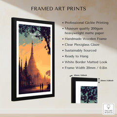 Yangon Myanmar Wall Art Print | Shwedagon Pagoda Sunset Travel Poster framed with professional giclée printing