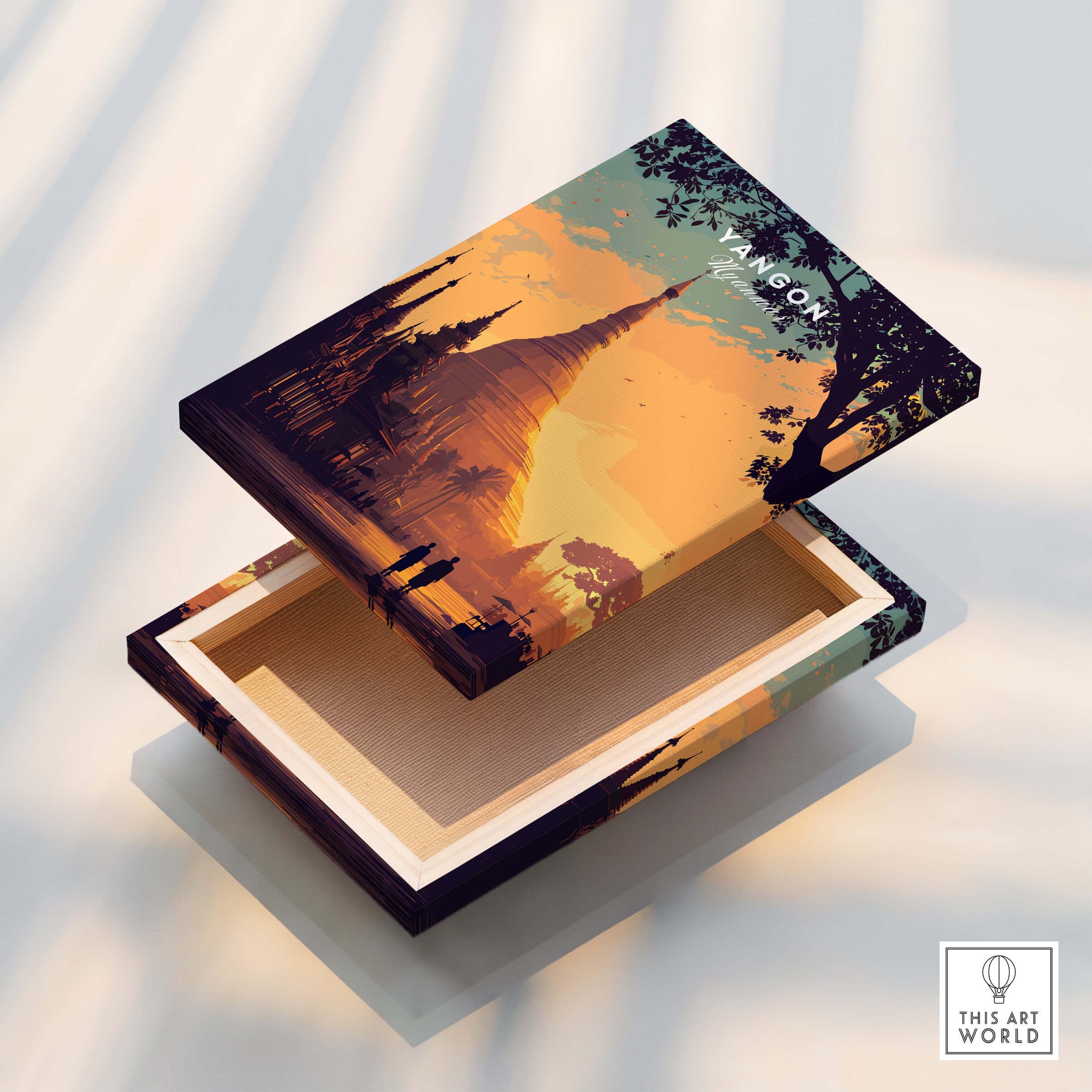 Yangon Myanmar Wall Art Print | Shwedagon Pagoda Sunset Travel Poster on a wooden box.