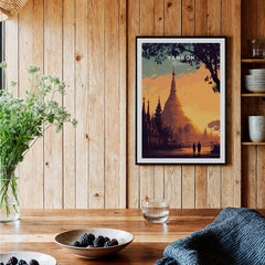 Yangon Myanmar Wall Art Print | Shwedagon Pagoda Sunset Travel Poster displayed in a cozy room setting.