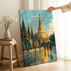 Yangon Myanmar Travel Poster | Shwedagon Pagoda Reflection Wall Art Print featuring the serene beauty of the pagoda.
