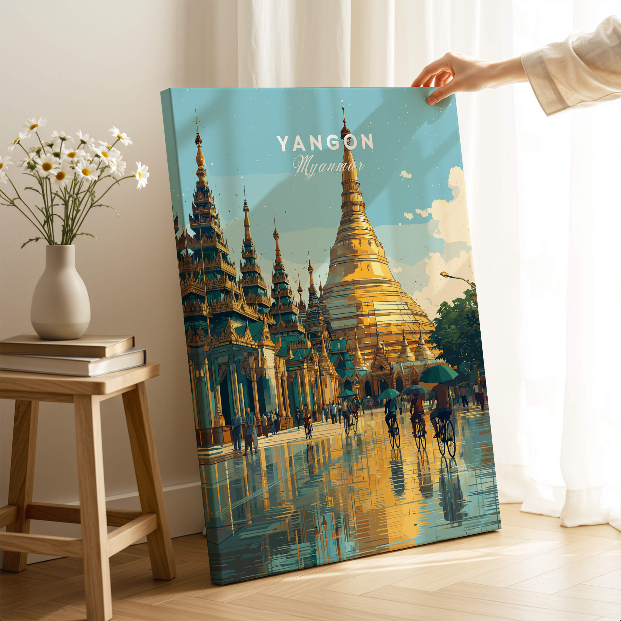 Yangon Myanmar Travel Poster | Shwedagon Pagoda Reflection Wall Art Print featuring the serene beauty of the pagoda.
