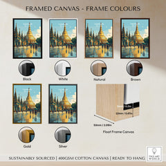Yangon Myanmar Travel Poster | Shwedagon Pagoda Reflection Wall Art Print framed canvas color options