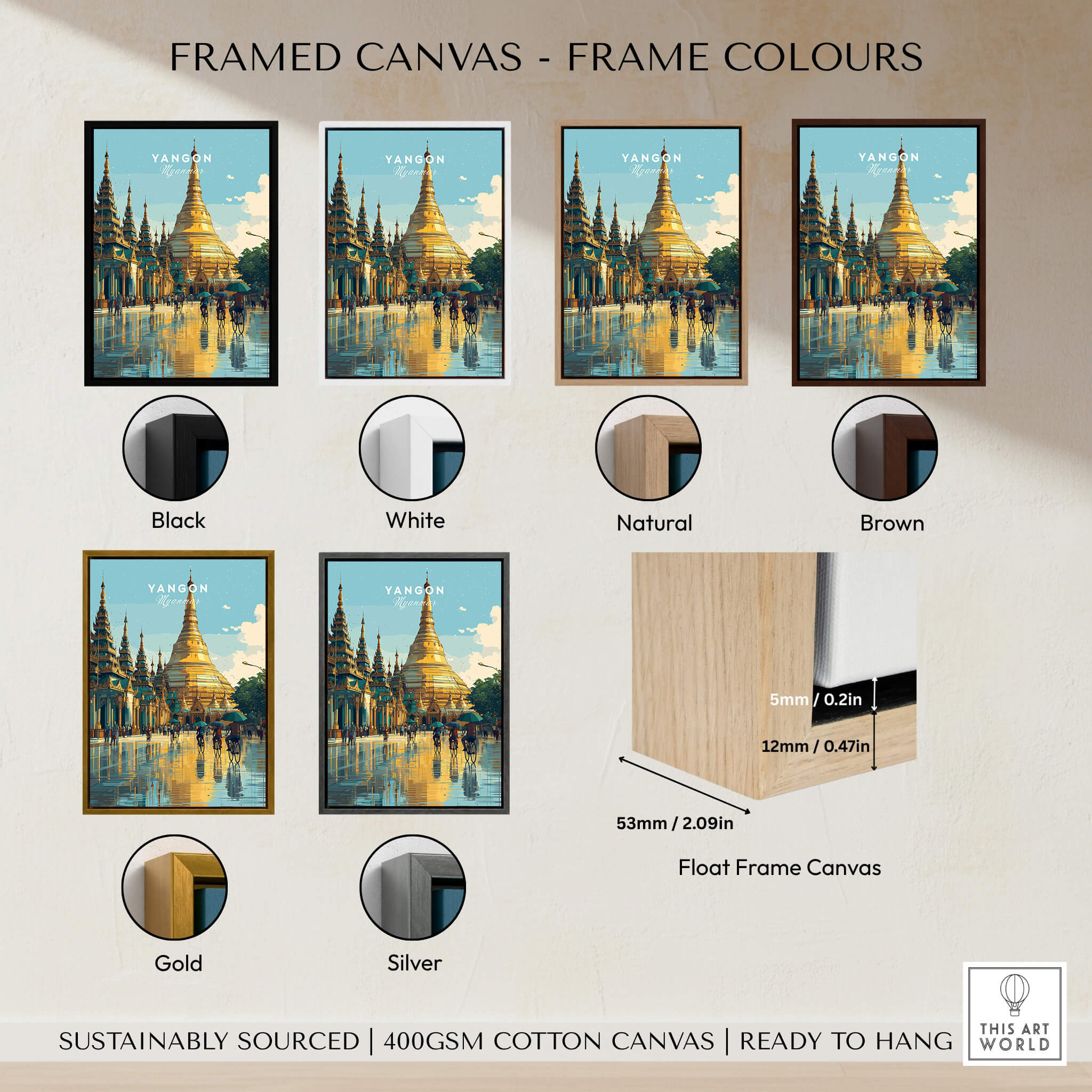 Yangon Myanmar Travel Poster | Shwedagon Pagoda Reflection Wall Art Print framed canvas color options