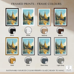 Yangon Myanmar Travel Poster | Shwedagon Pagoda Reflection Wall Art Print framed in various colors including black, white, and gold.
