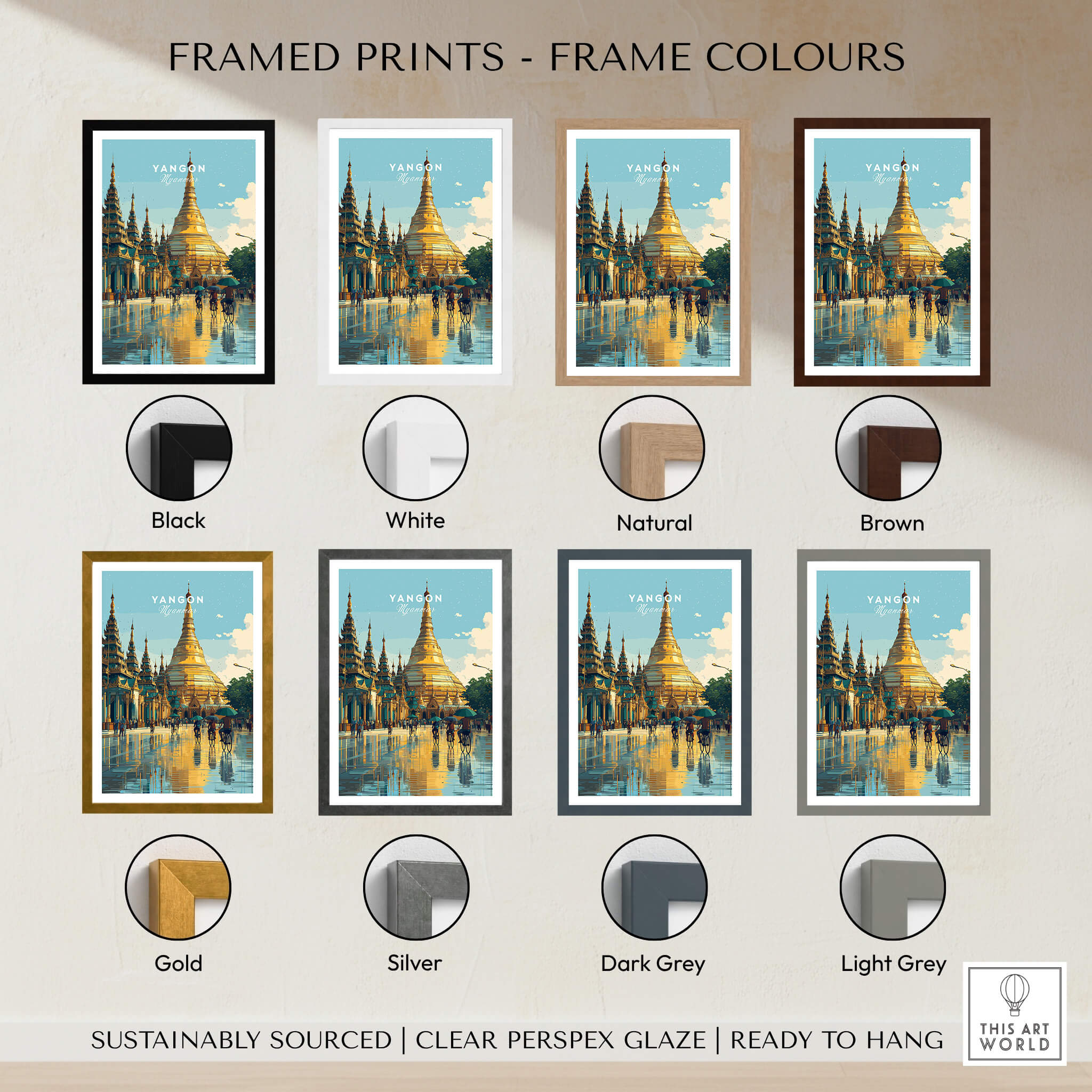 Yangon Myanmar Travel Poster | Shwedagon Pagoda Reflection Wall Art Print framed in various colors including black, white, and gold.