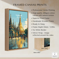 Yangon Myanmar Travel Poster | Shwedagon Pagoda Reflection Wall Art Print in a framed canvas print display.