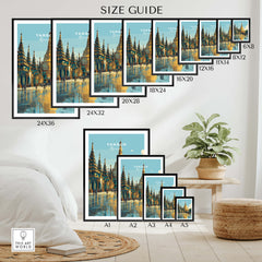 Yangon Myanmar Travel Poster | Shwedagon Pagoda Reflection Wall Art Print size guide with various frame options.