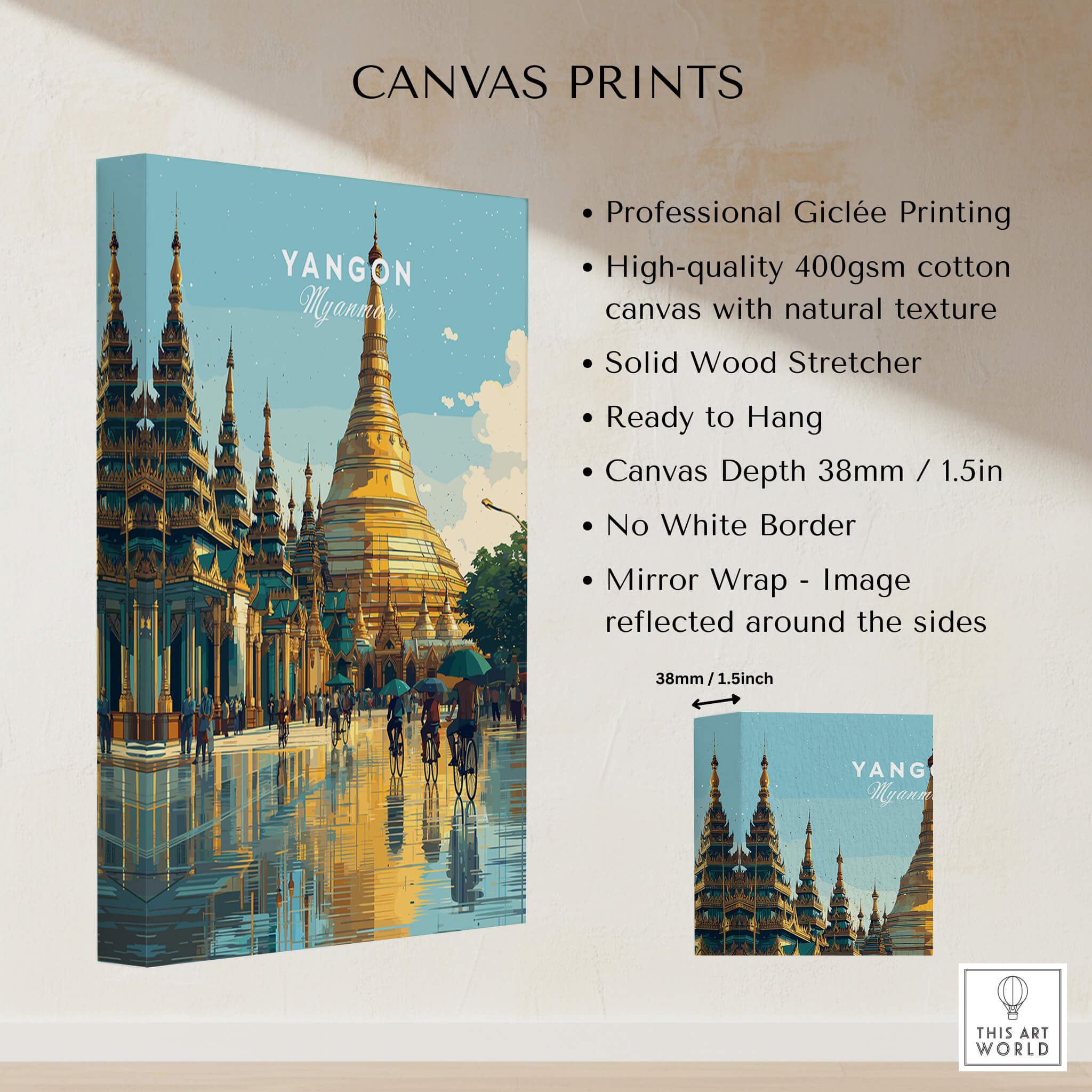 Yangon Myanmar Travel Poster | Shwedagon Pagoda Reflection Wall Art Print featuring high-quality Giclée printing and canvas.