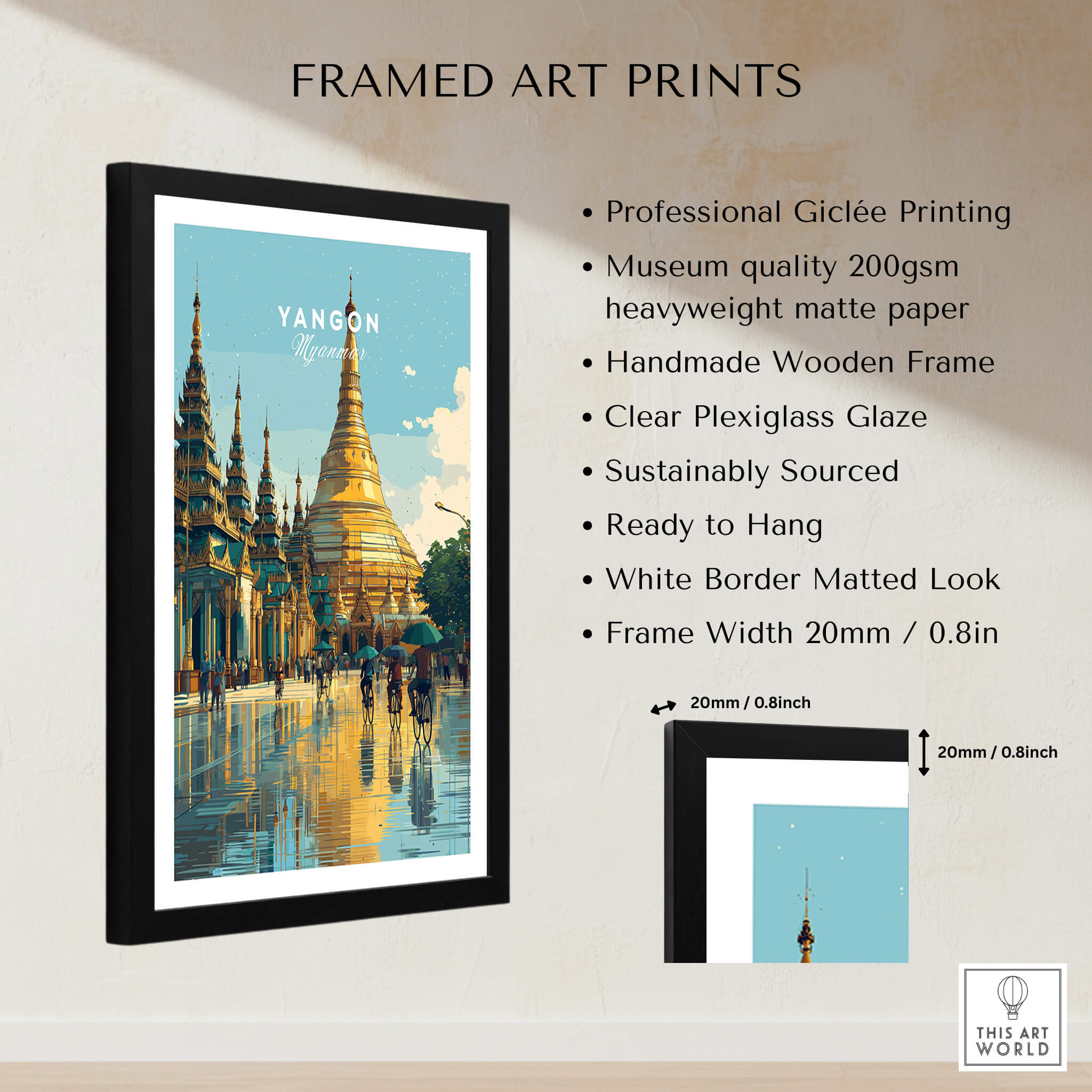 Yangon Myanmar Travel Poster | Shwedagon Pagoda Reflection Wall Art Print displayed in a framed art print