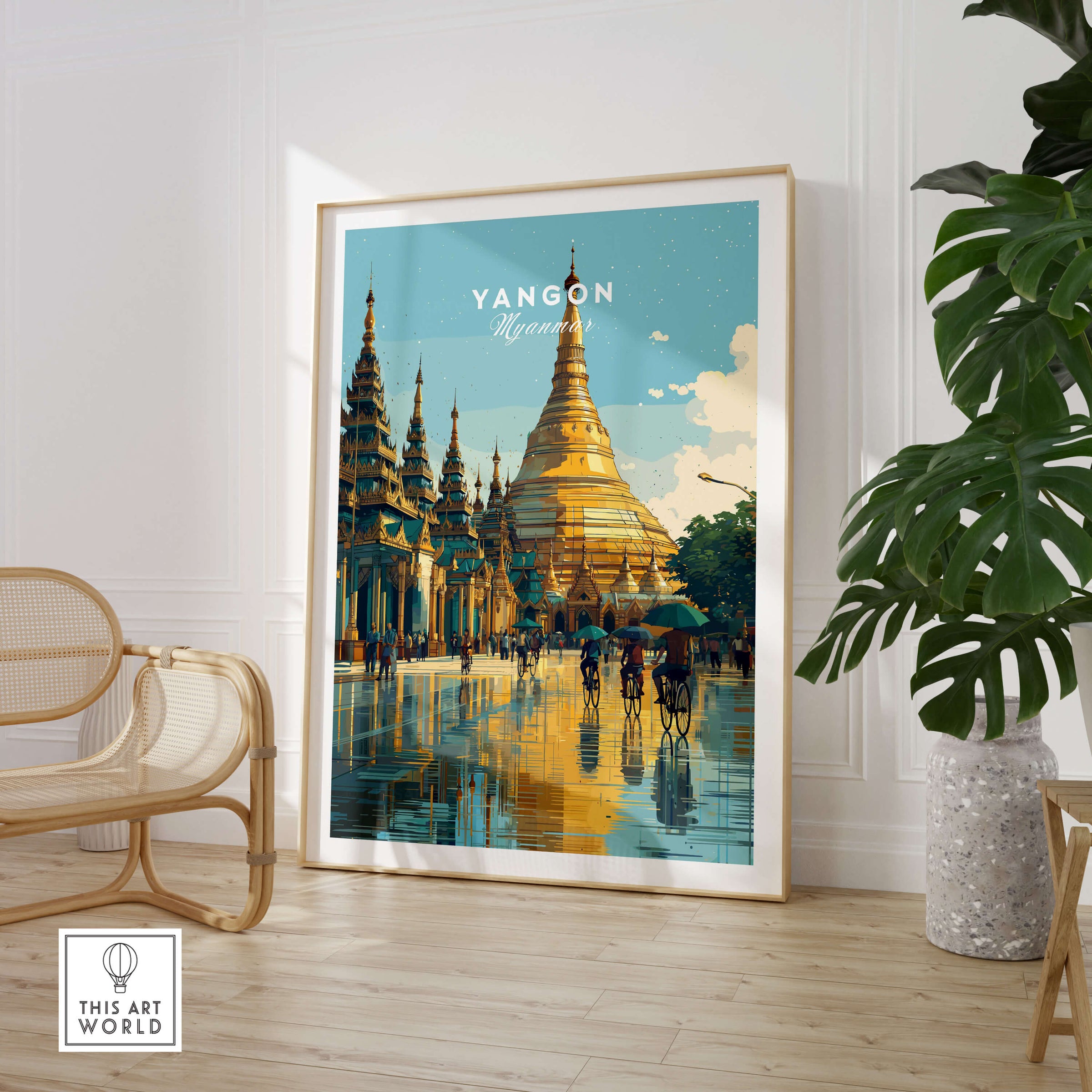 Yangon Myanmar Travel Poster | Shwedagon Pagoda Reflection Wall Art Print with golden pagoda and serene water reflections