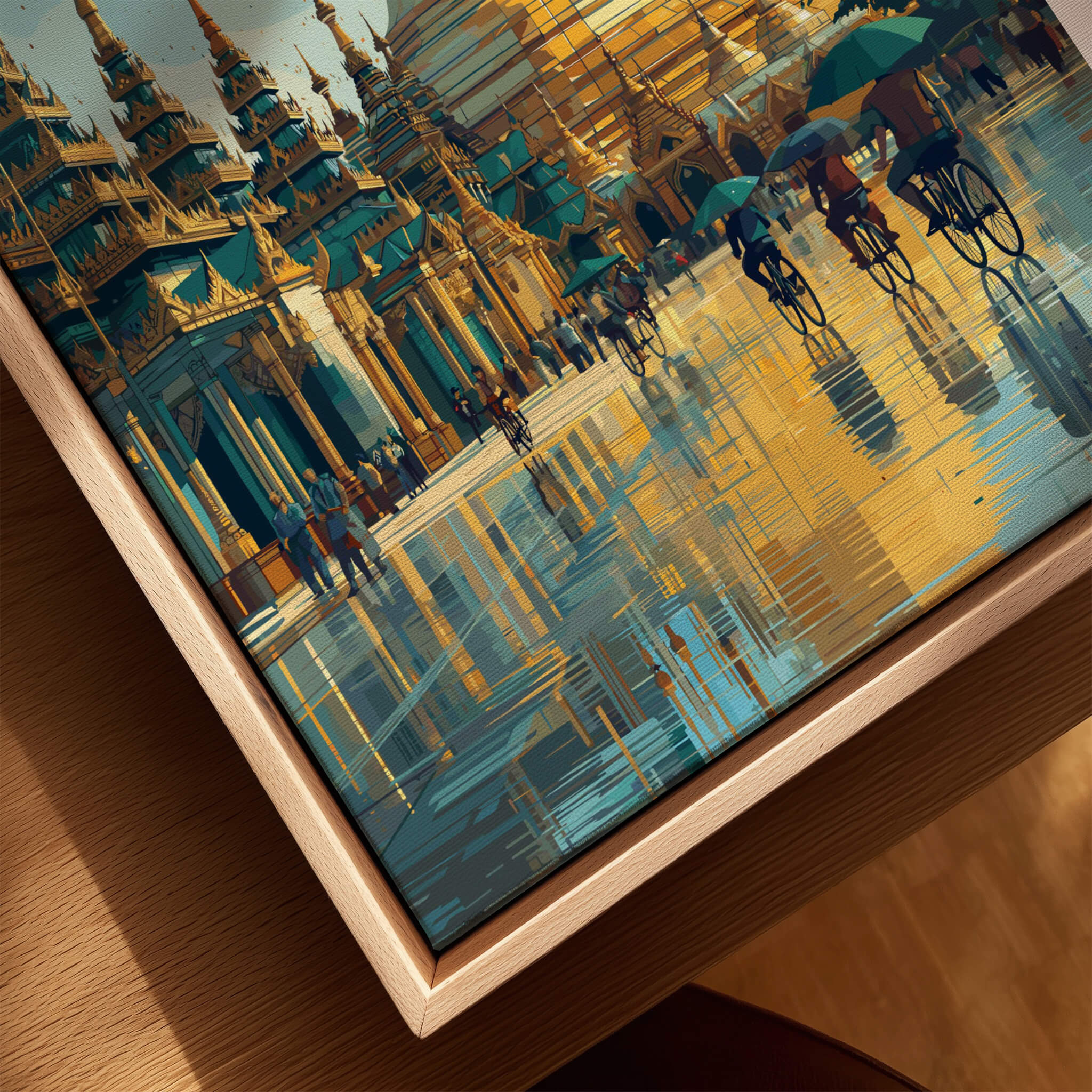 Yangon Myanmar Travel Poster | Shwedagon Pagoda Reflection Wall Art Print showcasing a vibrant scene of cyclists and reflections.