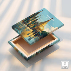 Yangon Myanmar Travel Poster | Shwedagon Pagoda Reflection Wall Art Print design on a decorative box.