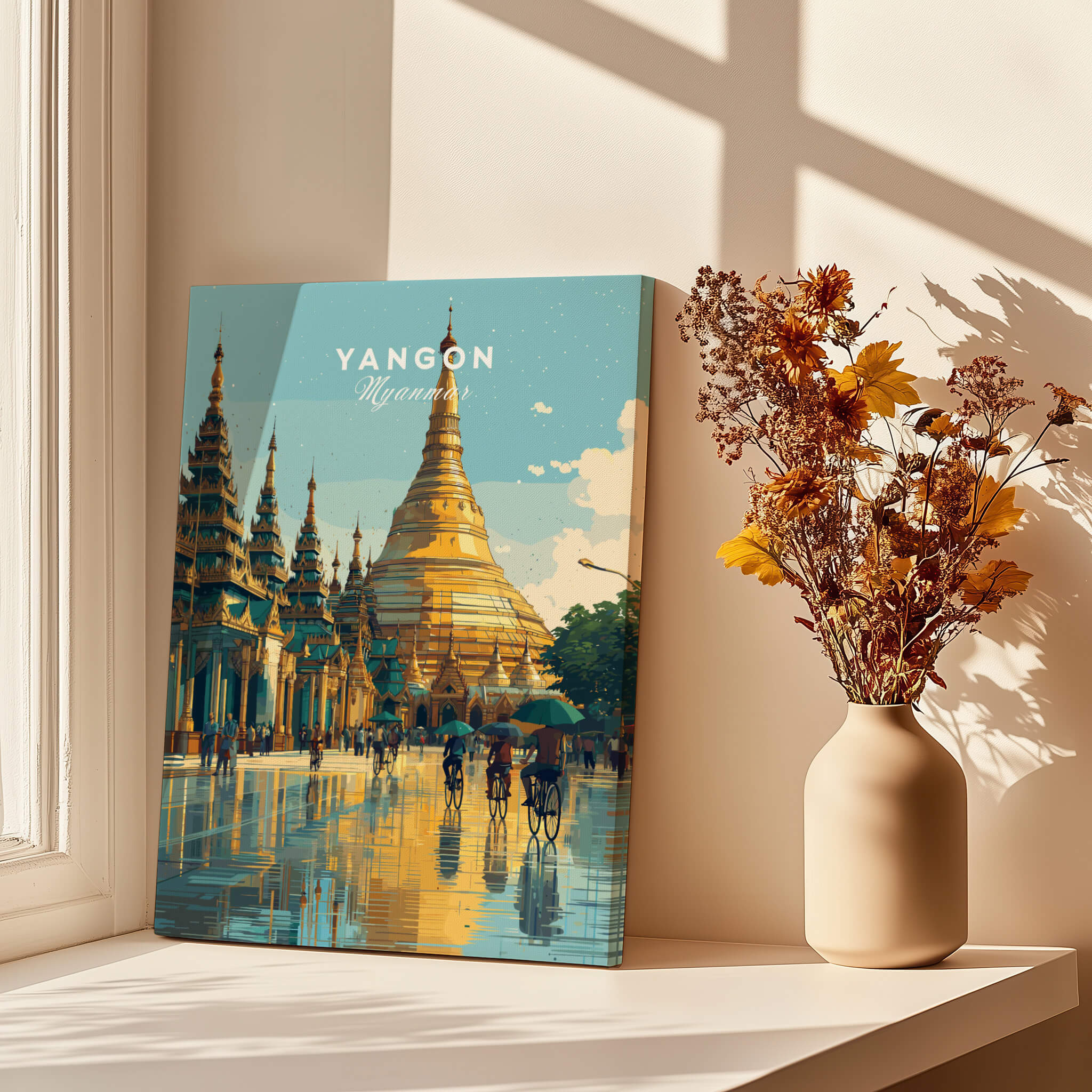 Yangon Myanmar Travel Poster | Shwedagon Pagoda Reflection Wall Art Print displayed in a sunlit room with flowers.