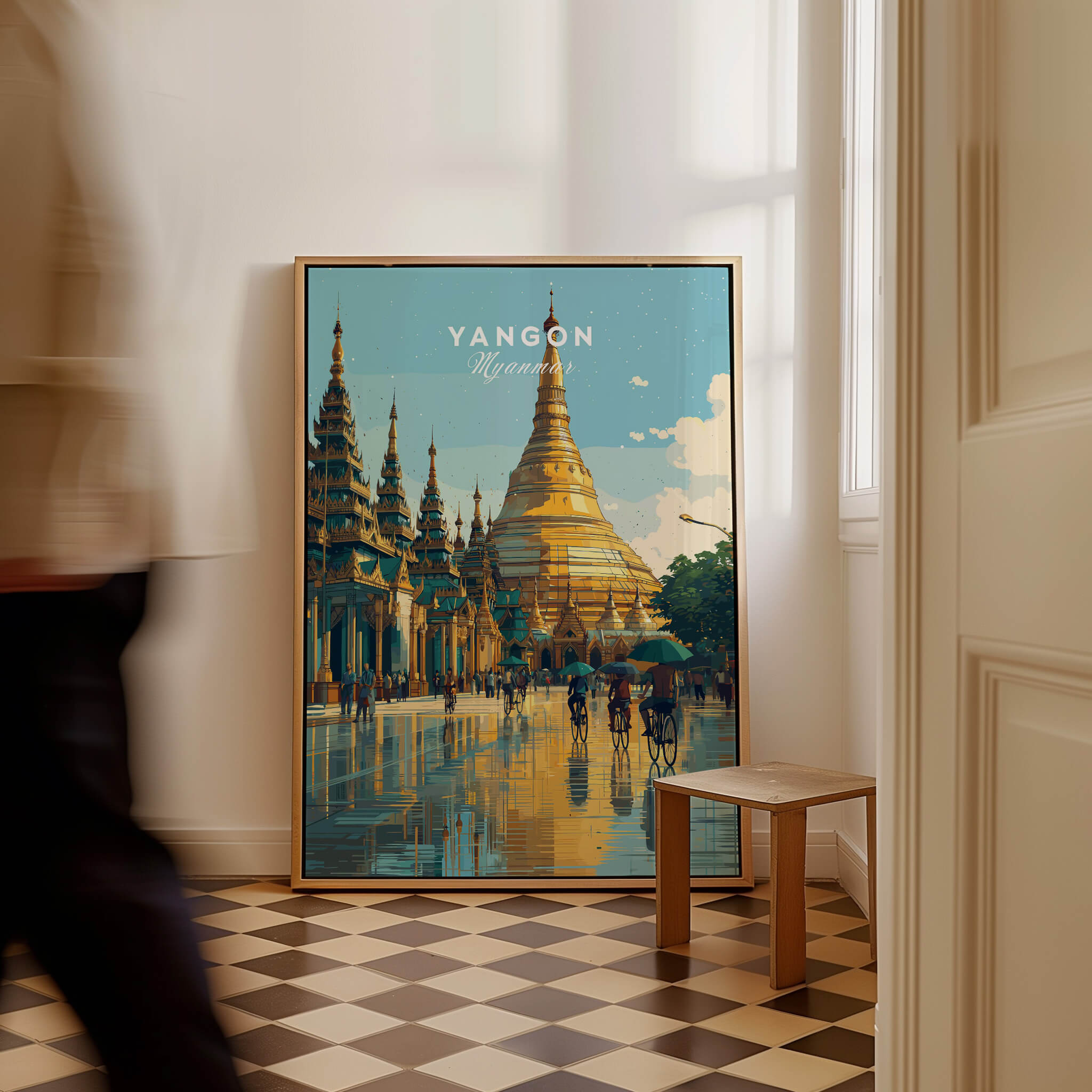 Yangon Myanmar Travel Poster | Shwedagon Pagoda Reflection Wall Art Print displayed in a modern interior.