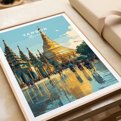Yangon Myanmar Travel Poster | Shwedagon Pagoda Reflection Wall Art Print featuring golden pagoda and reflections.