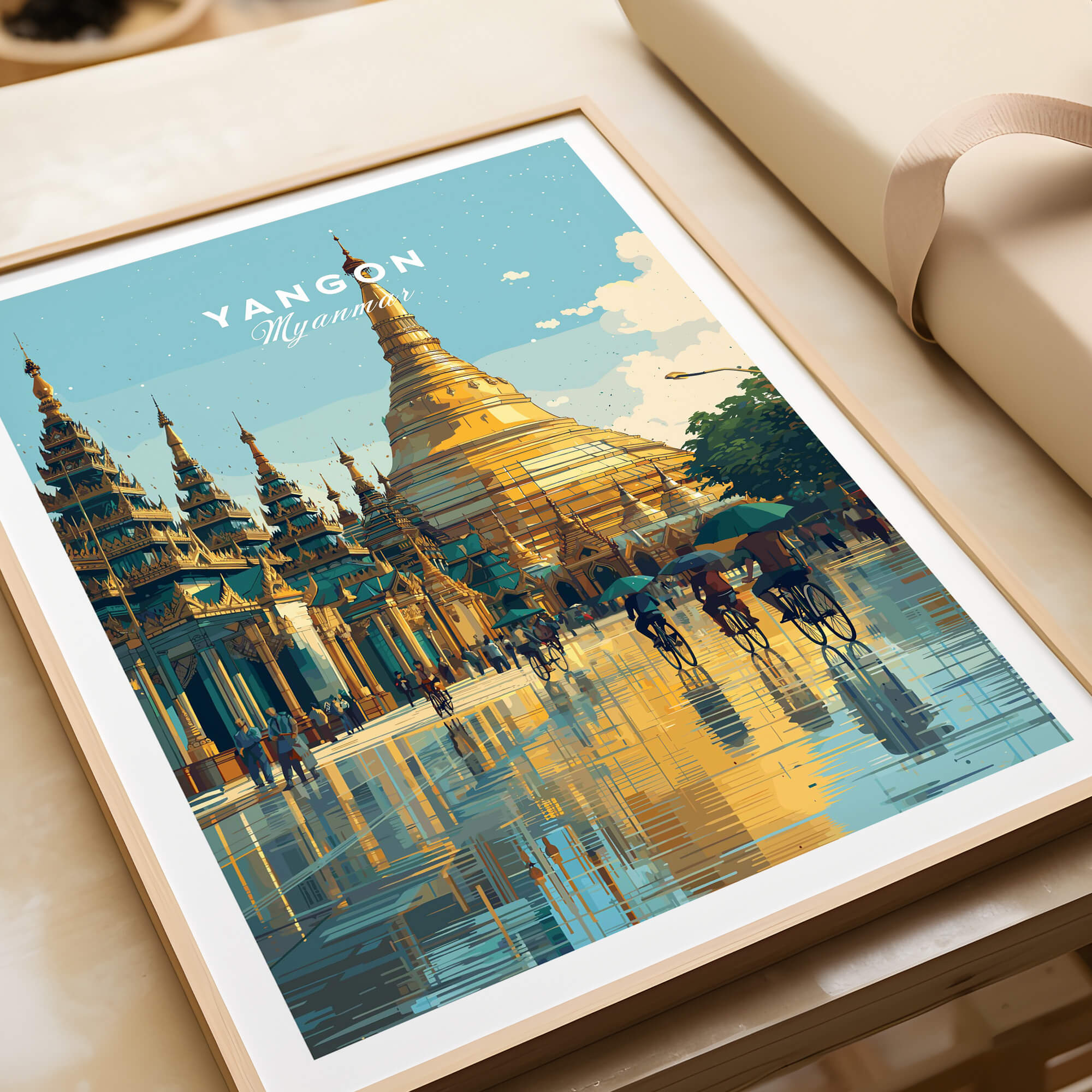 Yangon Myanmar Travel Poster | Shwedagon Pagoda Reflection Wall Art Print featuring golden pagoda and reflections.