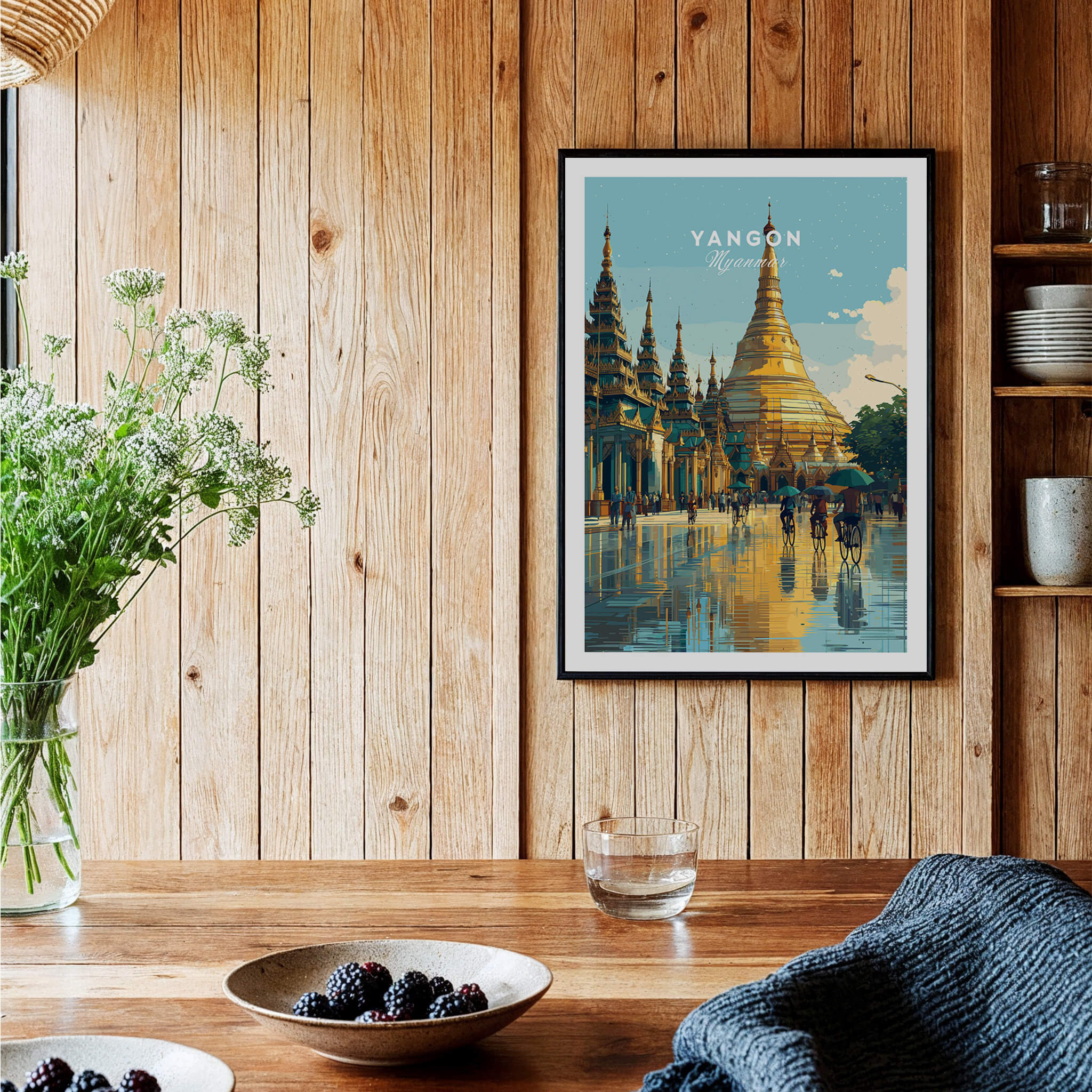 Yangon Myanmar Travel Poster | Shwedagon Pagoda Reflection Wall Art Print in a cozy home setting with wooden decor.