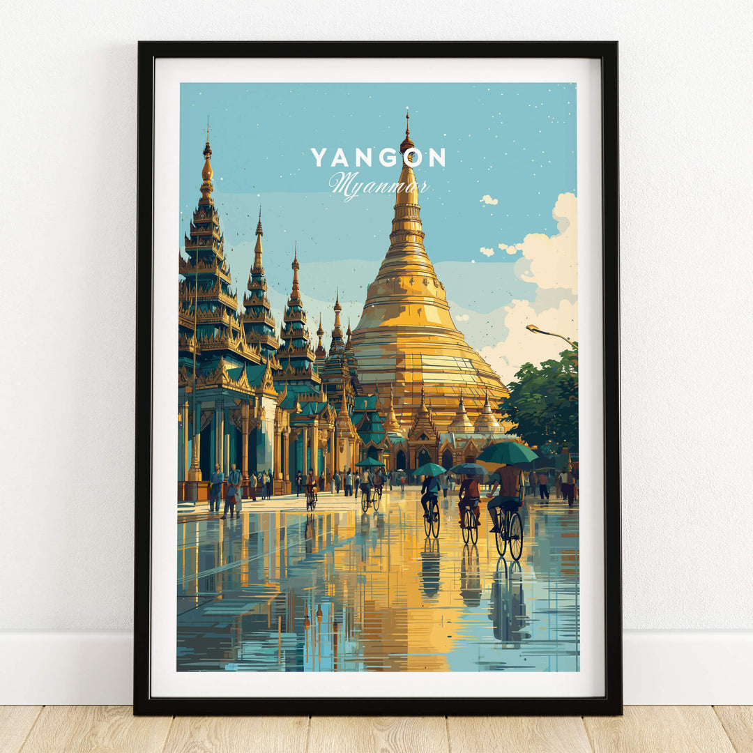 Yangon Myanmar Travel Poster | Shwedagon Pagoda Reflection Wall Art Print showcasing the stunning pagoda and vibrant city life.
