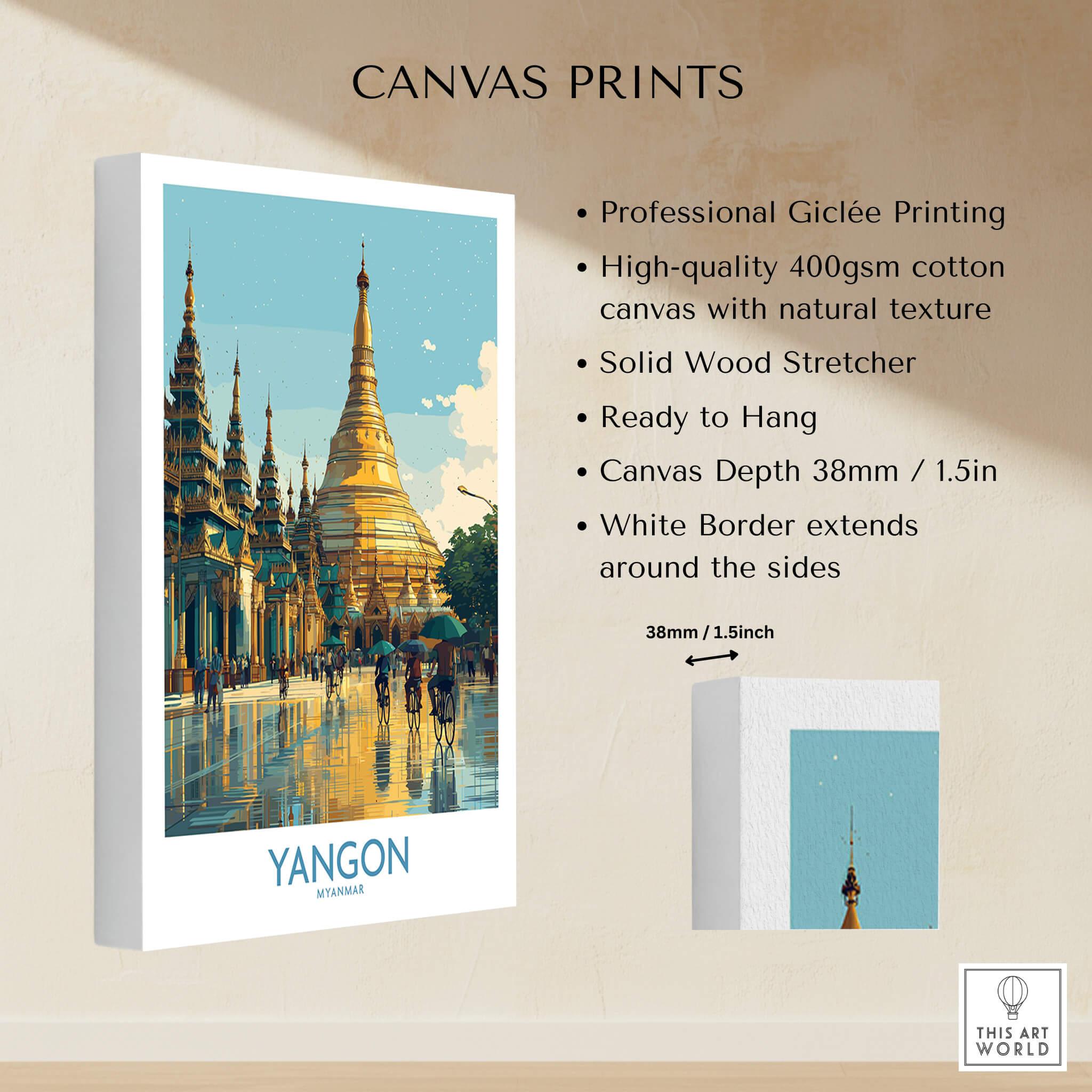 Yangon Myanmar Canvas Print | Vibrant Golden Pagoda Cityscape Poster showcasing stunning craftsmanship and vibrant colors.