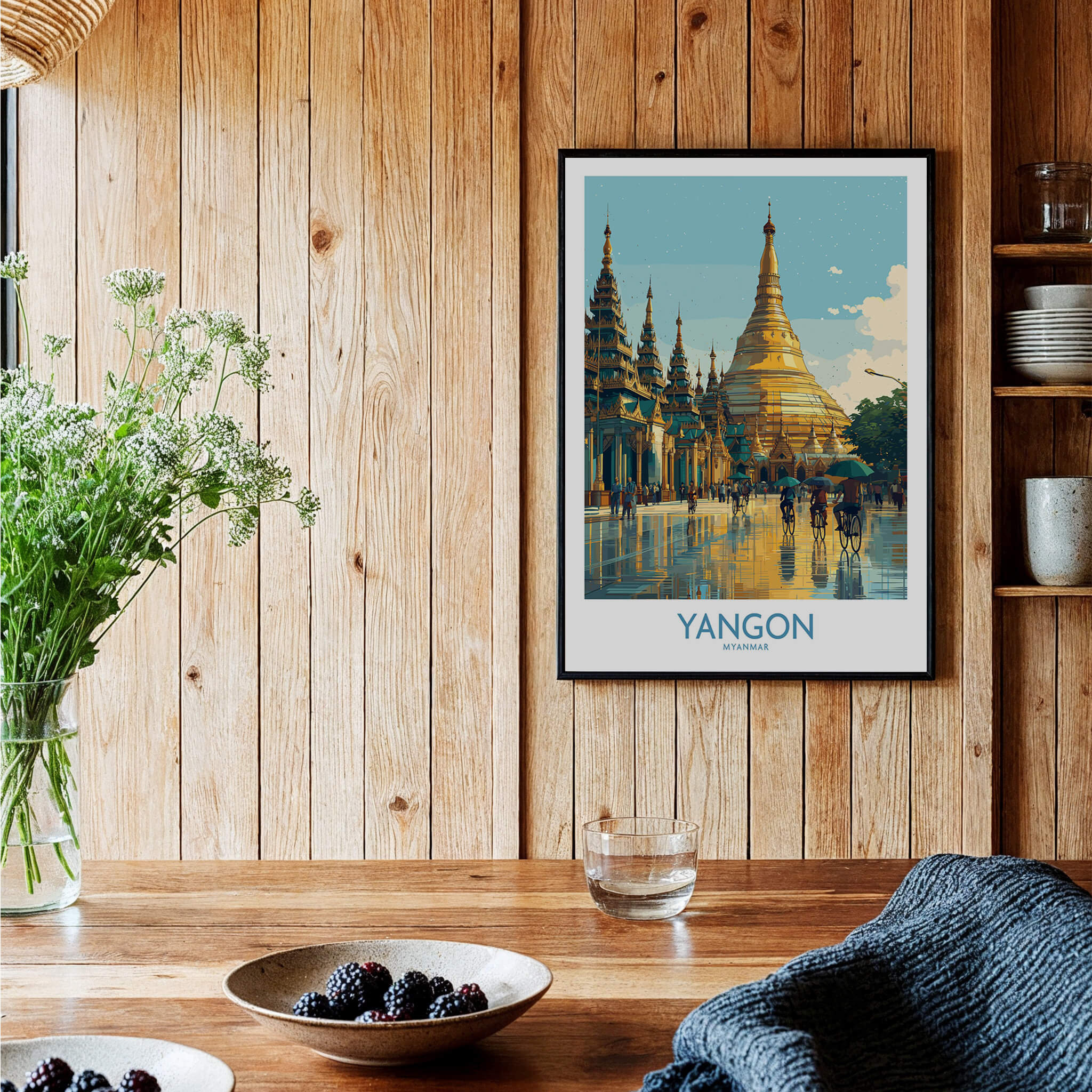 Yangon Myanmar Canvas Print | Vibrant Golden Pagoda Cityscape Poster displayed in a cozy interior setting.