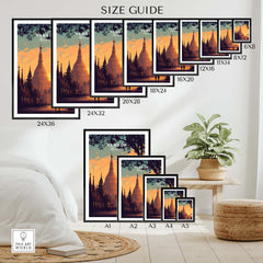 Yangon Myanmar Wall Art Print | Shwedagon Pagoda Sunset Travel Poster size guide with various frame sizes displayed.