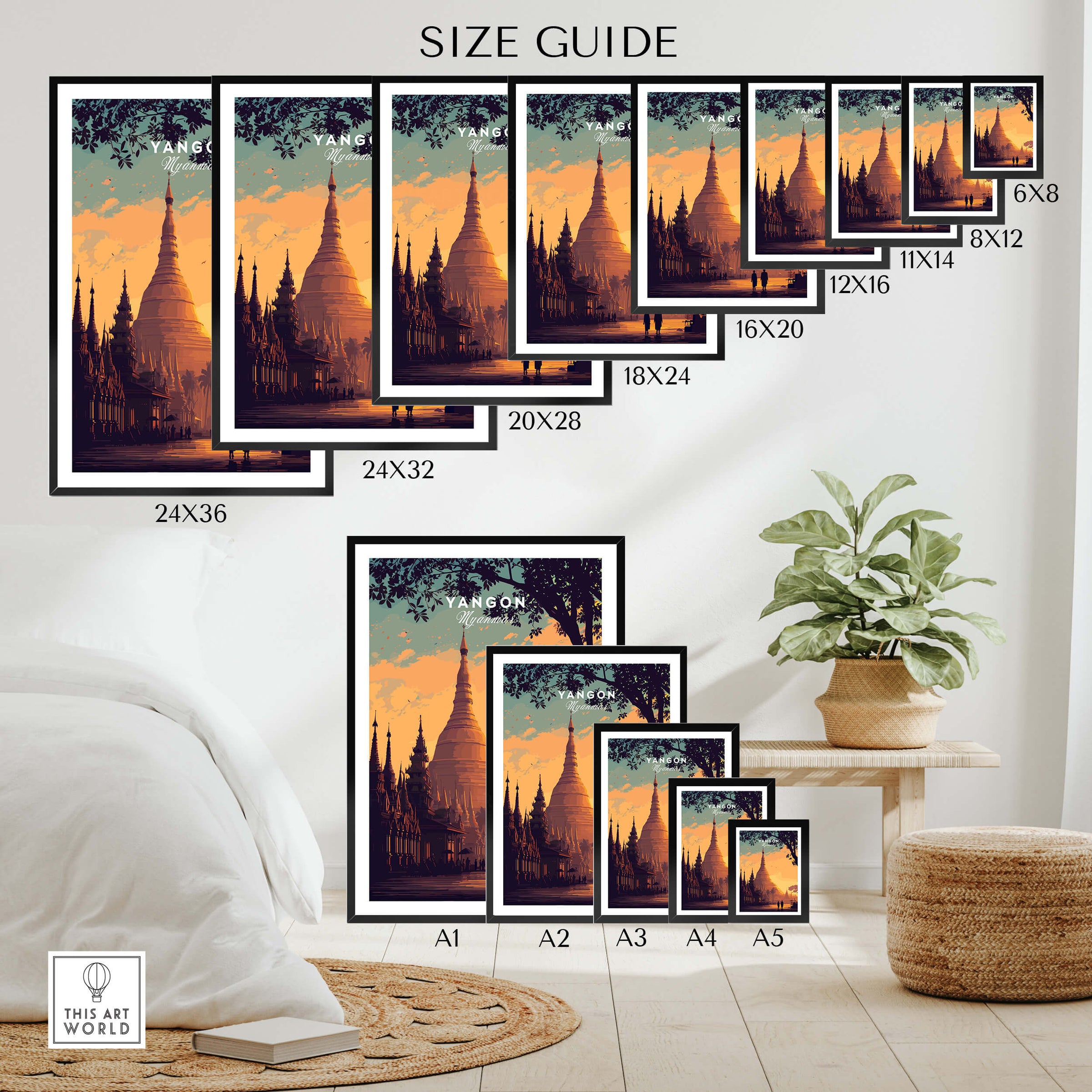 Yangon Myanmar Wall Art Print | Shwedagon Pagoda Sunset Travel Poster size guide with various frame sizes displayed.