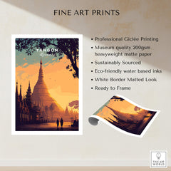 Yangon Myanmar Wall Art Print | Shwedagon Pagoda Sunset Travel Poster in fine art print display.
