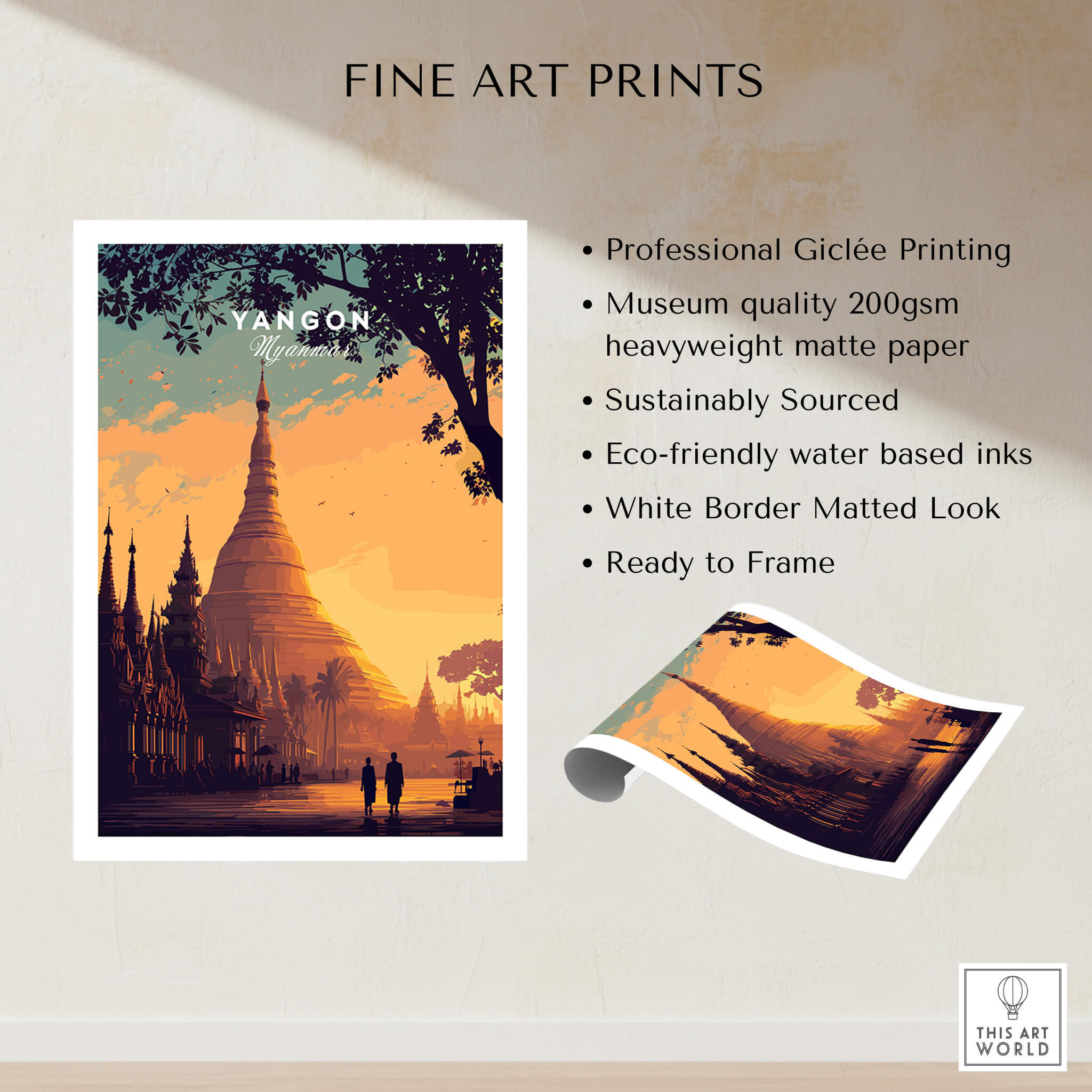 Yangon Myanmar Wall Art Print | Shwedagon Pagoda Sunset Travel Poster in fine art print display.