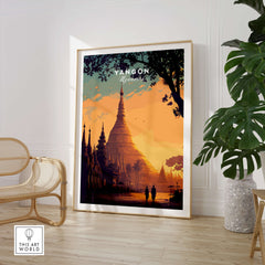 Yangon Myanmar Wall Art Print | Shwedagon Pagoda Sunset Travel Poster showcasing sunset over Shwedagon Pagoda.