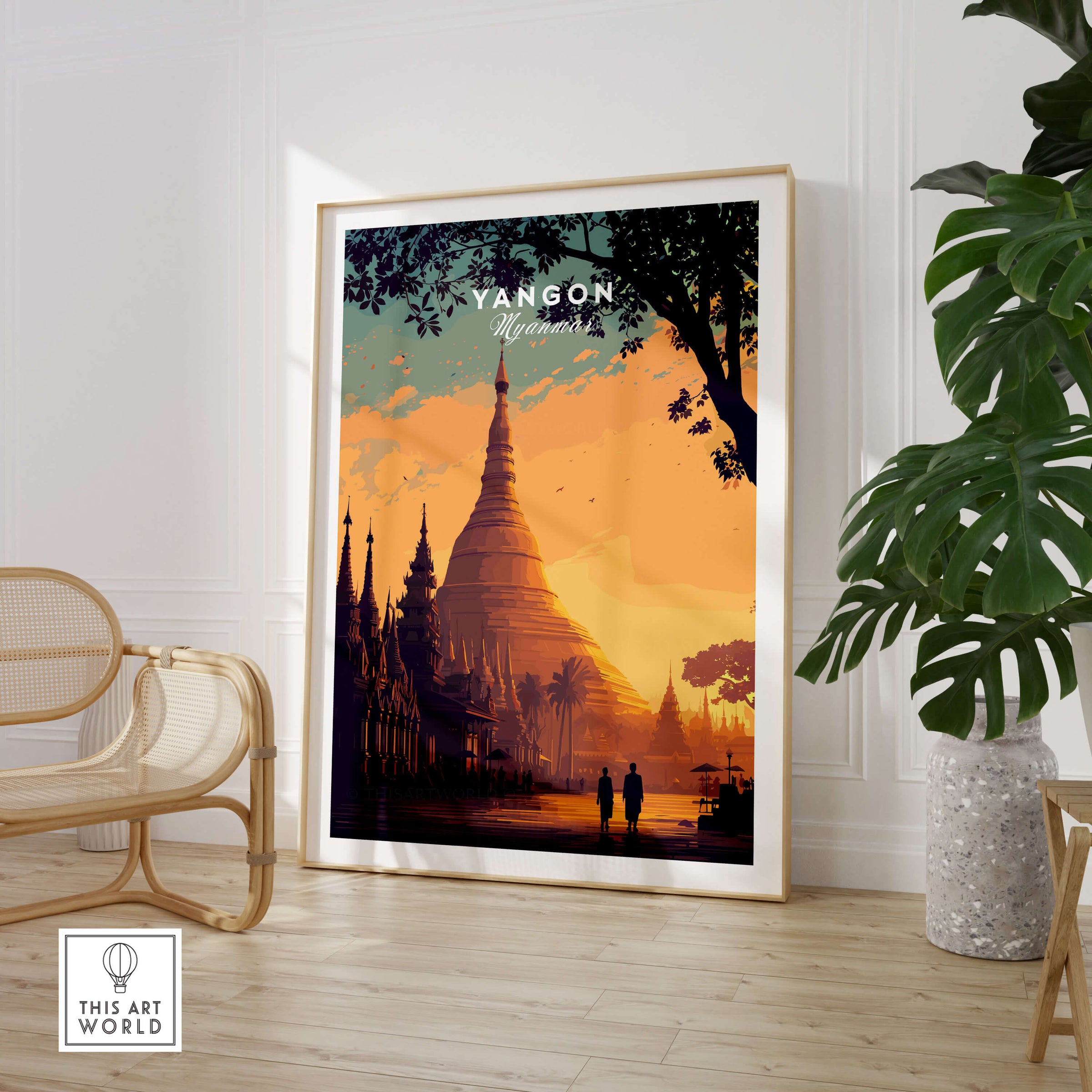 Yangon Myanmar Wall Art Print | Shwedagon Pagoda Sunset Travel Poster showcasing sunset over Shwedagon Pagoda.