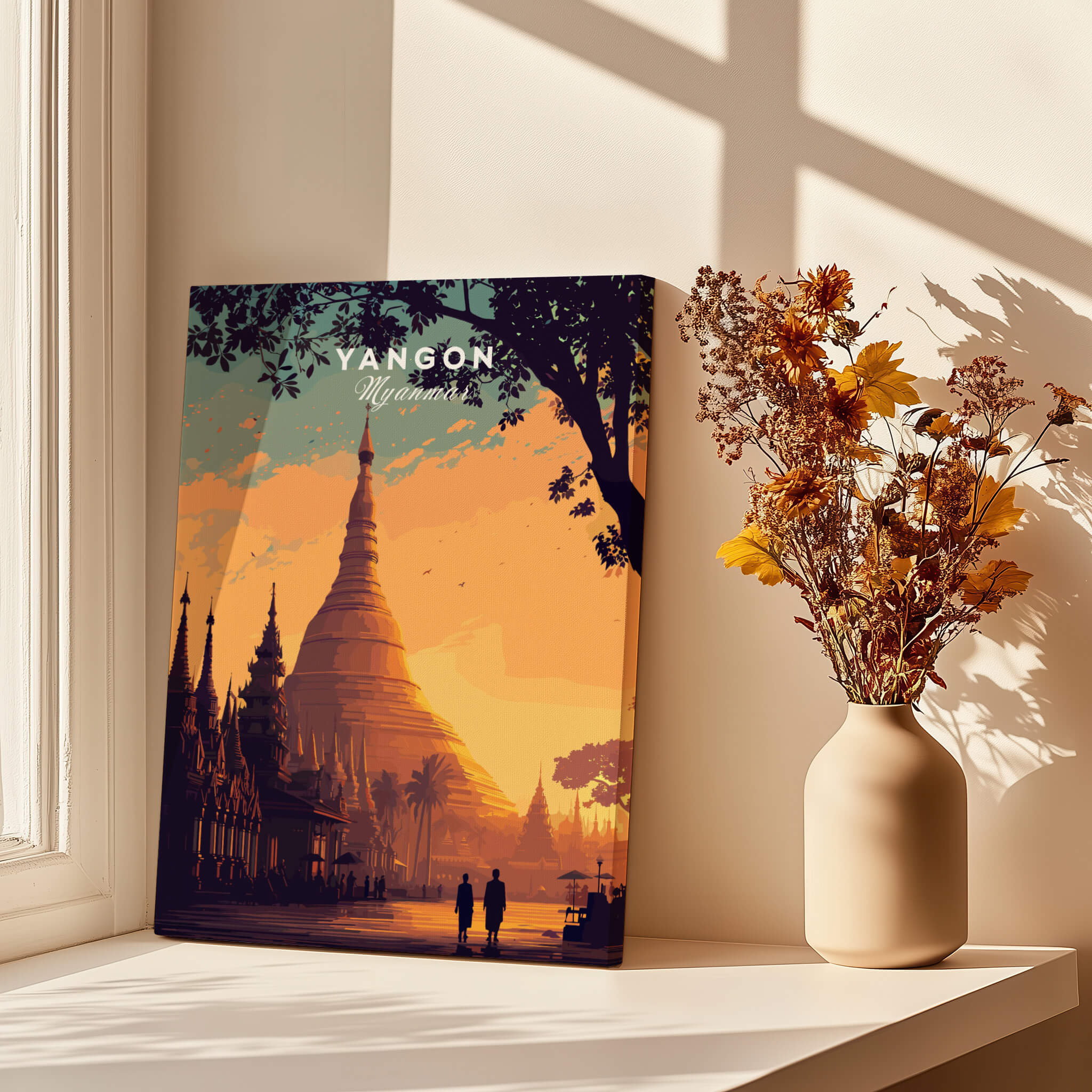 Yangon Myanmar Wall Art Print | Shwedagon Pagoda Sunset Travel Poster showcasing a beautiful golden sunset over the pagoda.