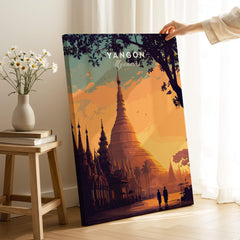 Yangon Myanmar Wall Art Print | Shwedagon Pagoda Sunset Travel Poster featuring stunning golden sunset light.