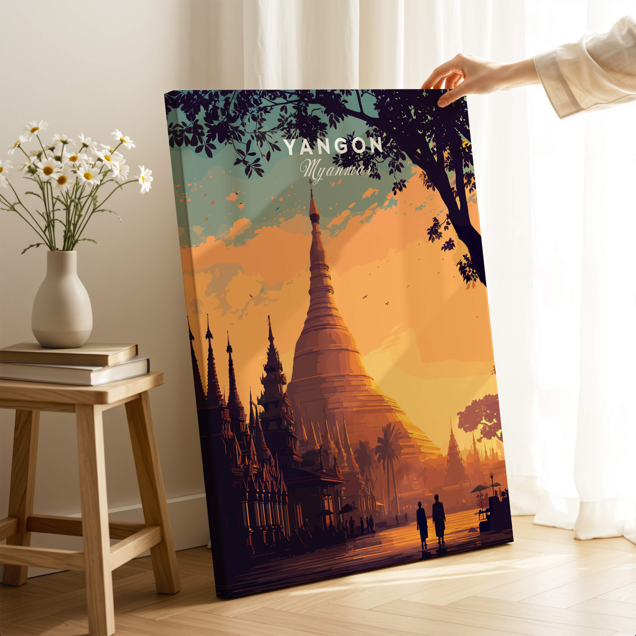 Yangon Myanmar Wall Art Print | Shwedagon Pagoda Sunset Travel Poster featuring stunning golden sunset light.